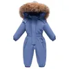 Rompers Winter Baby Jumpsuit Down Thick Warm Warm Spädbarn Huven Päls krage Romper White Black Born Boy Girl Overwear Kids Snowsuit 231120