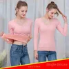 Ropa interior térmica para mujer, camisa inferior con cuello VO cálido de invierno, terciopelo sólido grueso, manga larga, Top medio alto cepillado, 231120