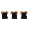 Berets 3pcs gorro de malha com orelhas de pom duplas para mulheres meninas (preto)