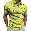 Men's Polos Green Avocado Casual T-Shirts Cute Fruit Print Polo Shirts Zipper Fashion Shirt Man Pattern Tops Large Size