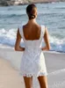 Robes décontractées Suninheart 2023 Robe de femme sexy une ligne blanche dentelle broderie mini volants fête de vacances d'été de haute qualité