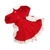 Costumes de chat 1pc vêtements pour animaux de compagnie chien printemps / été bleu foncé blanc robe de princesse à carreaux perle arc dentelle jupe courte pour petits chiens moyens