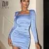 Casual Dresses DIWU Sky Blue Smocking Mini Long Sleeve Women Sexy Bodycon Party Irregular collar Slim Backless Vestido 230421