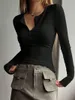 여자 T 셔츠 여성 스프링 가을 니트 티셔츠 긴 슬리브 단색 슬림 한 풀 오버 버튼 업 늑골 꼭대기
