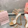 Kristaller süslenmiş topuklu sandallar rene caovilla cleo 95mm tasarımcı topuklu ayak bileği saran kadınlar yüksek topuklu sandal çiçek rhinestone akşam ayakkabıları