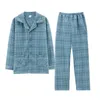 Men's Sleepwear Three Layer Thin Cotton Home Wear Cardigan Plaid Casual Comfortable Pajamas