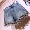 High-End-Jeansshorts mit hoher Taille und Fransen für Damen