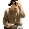 Diseñador de moda Top Brand Suéter glutinoso suave para mujer 2023 Otoño/Invierno Nueva versión coreana Top de moda suelto Jersey de punto de manga larga con cuello de tijera para mujer