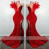 Vestidos de fiesta de lentejuelas rojas sexy con plumas Vestidos de noche de sirena de división alta Fiesta formal Robe De Mariee por encargo