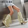 Bottes Paillettes brillant frange femmes bottes occidentales sans lacet mi-mollet gros talons bloc chaussures Sexy élégant fête discothèque bottes de luxe T231121