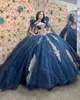 Suknia granatowa sukienki Quinceanera z Cape Bloską Luksusową Lace Applique Boning Corst Sweet 15 Vestidos de Cerimonia