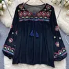 Kvinnors blusar Boho Loose Cotton Rayon Blusas White Floral Embroidery Blouse Topps Casual O-Neck Long Lantern Sleeve Shirt Women