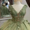 Sage Green Shiny v-yaka Quinceanera Elbise Balo Elbise Omuzdan 3d Çiçek Korse Dantel Aplikler Boncuklu Tatlı 16 Vestidos De 15 Anos