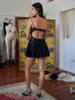 Robes décontractées HEZIOWYUN Femmes Sexy Été Noir Floral Dentelle Transparente Spaghetti Sangle Sans Manches Dos Nu Sheer Mini Cami Robe A-ligne