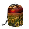 Cosmetic Bags FORUDESIGN Sunset Sunflower Print Cylindrical Bucket Toiletry Bag Durable Collapsible For Women Cajas Organizadoras