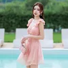 Women's Swimwear 2023 One Piece Swimsuit Women Pink Padded Cut Out Monokini Swim Suit Lace Ladies Bathing Korean Swimdress