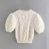 Women's Sweaters Girls Sweet Beige Slim Puff Sleeve Sweater 2023 Autumn Woman French Short Female Fashion Solid Crochet Pullover
