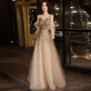 Casual Dresses Champagne Gold paljetter O-Neck Back Bandage A-Line Evening Gowns Oriental Party Banket Female Stage Cheongsam