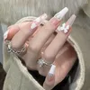 False Nails 24PCS Long Press On Nail White Heart & Bow Sweet Style Full Coverage Finished Piece With Jelly Gel/Glue DIN889