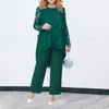 Women's Two Piece Pants 2Pcs Cocktail Suit Top Set Long Sleeves Hollowed Lace Design Wide Straight Leg Outfit Streetwear
