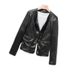 Women's Leather 2023 Cross-Border Haining Pu Soft Crew Neck Coat Single-Breasted Short Temperament Lady Jacket