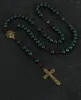 Colares Pingente CottvoBronze Cor Imaculado Coração de Maria Ore para Nós Medalha Crucifixo Cruz Jóias Rosário Colar Verde Bead Chain