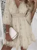 캐주얼 드레스 흰색 레이스 드레스 여자 V 넥 업 여성 패치 워크 3 쿼터 슬리브 휴가 해변 레이디 A- 라인 파티