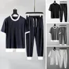 Herren Tracksuits Herren Mode klassisches Outfit Summer Top Hosen Solid Color Pocket Dehne atmungsable O Halsfalten Shirttouser für Büro 230421