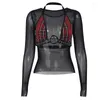 Damen T-Shirts Mesh Patchwork Goth Durchsichtig Lange Ärmel Crop Top Pentagramm Gürtel Street E-Girl Schwarz Harajuku Grunge Frau 2-tlg