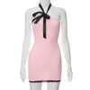 Casual Dresses Bow Tie Halter Mini Dress Y2k Cute Sexy Pink White Outfit For Women 2023 Chic Backless Bodycon