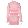 Roze schattig 2-delig damespak met streeppatroon gebreide crop top sweater en minirok twinset SML