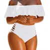 Costume da bagno da donna Costume da bagno diviso di grandi dimensioni con spalle scoperte Abbigliamento da spiaggia a vita alta con pantaloncini bikini con bordo arricciato per donna Set da 2 pezzi