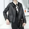 Couro feminino casual com capuz casaco de pele de carneiro moda coreana primavera outono solto-ajuste curto preto jaqueta genuína 2023