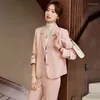 レディースツーピースパンツエレガントピンクの女性オフィスワークワークパンツスーツとジャケットコートビジネスプロフェッショナルブレザーフェミニノ
