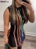 奇妙なパスニットセータードレス女性シックホローセクシーなカラフルな縞模様のかぎ針編み秋のトレンドヴィンテージボディーコンストリートウェア230420