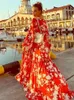 Women Sexy V neck Printed Maxi Dresses Fashion Long Sleeve High Waist Casual Big Hem Dress Elegant Summer Beach Party Robes