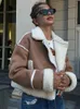 여성 재킷 패치 워크 가짜 양모 양고기 지퍼 포켓 짧은 양털면 코트 암컷 따뜻한 캐주얼 플러시 아웃복 231120