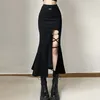 Jupes Rimocy Noir Gothique Split Sirène D'été Punk Style Taille Haute Longue Femmes Harajuku Bandage Midi Femme 230420
