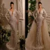 V Sexy Deep Neck Mermaid Wedding Dress Full Sleeve Pearls Arabic Beading Sequined Trumpet Bridal Gowns Robe De Soiree