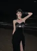 Casual Dresses Black Strap Dress Women Summer Wrapped Chest Sexig Evening Lady Elegant High Split Long Robe Beach Vacation Open Back Back Back Back