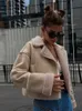 Mulheres jaquetas retalhos lã falsa cordeiro zíper bolsos curto velo algodão casaco feminino engrossar quente casual plush outwear 231120