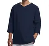 Men's T Shirts Cotton Linen Loose Men Shirt V-neck Seven-minute Sleeve Tops Tees Unisex T-shirt Clothes Casual Fashions Male Clothing