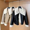 Women's Jackets Shearling Fleece Lined Leather Jacket Big Collared Black Khaki Crop Motorcycle Tops Autumn Winter