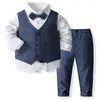 Kleidung Sets 4 Stück 2024 Frühling Jungen Outfit Set Mode Gentleman Plaid Baumwolle Tops Weste Hosen Krawatte Kinder Kleidung Baby Boutique BC1538