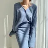 Two Piece Dress Womens sportswear set casual cardigan autumn and winter knit ultrathin long sleeved OL elegant top elastic coat oversized 231120