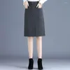 Gonne Donna Autunno Inverno Abbigliamento da lavoro Monopetto Midi con cintura Ufficio coreano Solido a vita alta A-Line di lana P108