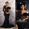 One Shoulder Simple Aso Ebi Evening Gowns Black Mermaid Lace Feather Beaded Crystals Sequined Prom Dresses African Arabic Nigeria Styles Event Birthday Party ST267