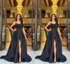 Sexy Black Plus Size A Line Prom Dresses Long for Women Strapless Sweep Train Draped High Side Split Party Dress Formal Birthday Pageant Celebrity Evening Gowns