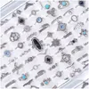 Cluster Rings Bk 100Pcs Lots Bohemia Crystal Vintage Mix Size Antique Sier Ethnic Women Fashion Charm Jewelry Gifts Finger A Dhgarden Dh7Ks