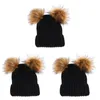 Berets 3pcs gorro de malha com orelhas de pom duplas para mulheres meninas (preto)